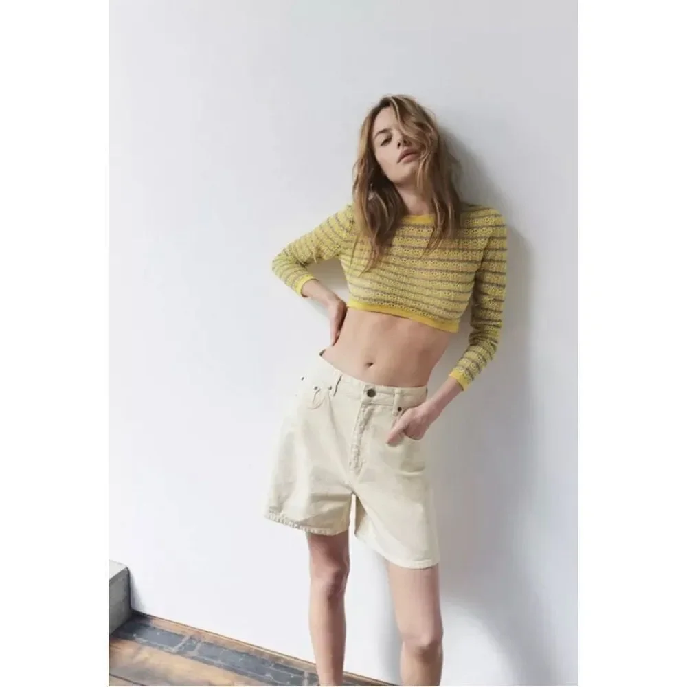 BNWT Zara Yellow Pointelle Knit Crop Sweater Medium Boho Festival Top - Picture 9 of 16